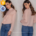 Nueva moda 2019 de manga larga con volantes rosa blusa de cuello alto Fabricación venta al por mayor de moda mujeres (TA0037B)